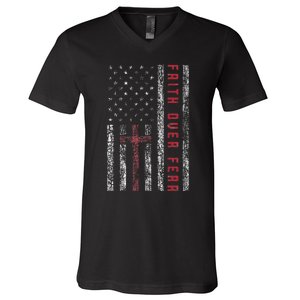 Christian Us Usa Flag American Christ Faith Over Fear Cross V-Neck T-Shirt