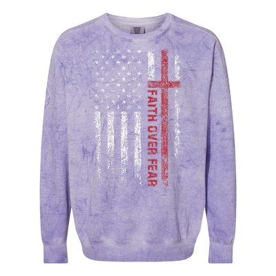 Christian US USA Flag American Christ Faith Over Fear Cross Colorblast Crewneck Sweatshirt