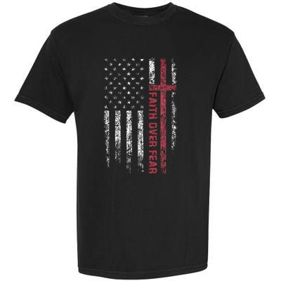 Christian US USA Flag American Christ Faith Over Fear Cross Garment-Dyed Heavyweight T-Shirt