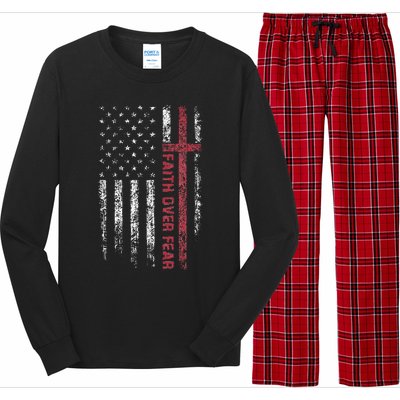 Christian US USA Flag American Christ Faith Over Fear Cross Long Sleeve Pajama Set