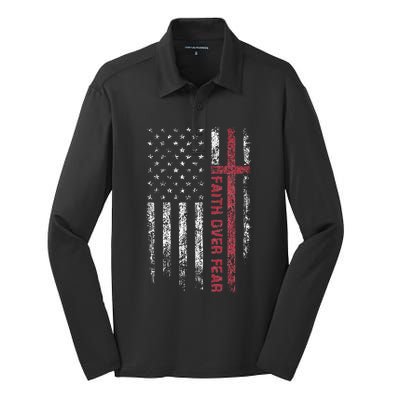 Christian US USA Flag American Christ Faith Over Fear Cross Silk Touch Performance Long Sleeve Polo