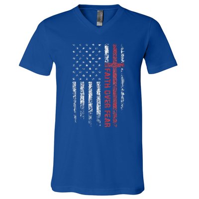 Christian US USA Flag American Christ Faith Over Fear Cross V-Neck T-Shirt