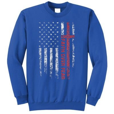 Christian US USA Flag American Christ Faith Over Fear Cross Tall Sweatshirt