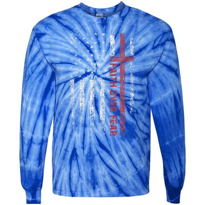 Christian US USA Flag American Christ Faith Over Fear Cross Tie-Dye Long Sleeve Shirt