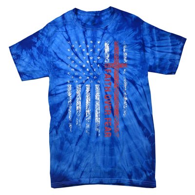 Christian US USA Flag American Christ Faith Over Fear Cross Tie-Dye T-Shirt