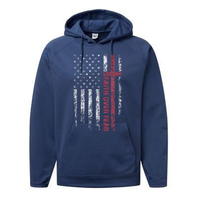 Christian US USA Flag American Christ Faith Over Fear Cross Performance Fleece Hoodie