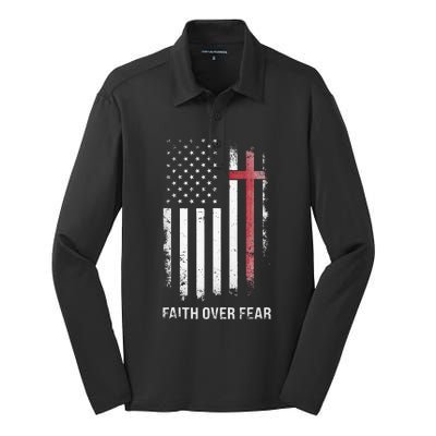 Christian Us Usa Flag American Christ Faith Over Fear Cross Silk Touch Performance Long Sleeve Polo