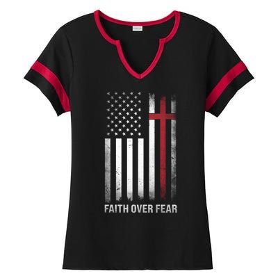 Christian Us Usa Flag American Christ Faith Over Fear Cross Ladies Halftime Notch Neck Tee