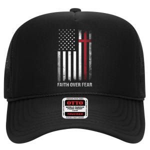 Christian Us Usa Flag American Christ Faith Over Fear Cross High Crown Mesh Back Trucker Hat