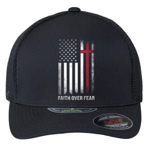 Christian Us Usa Flag American Christ Faith Over Fear Cross Flexfit Unipanel Trucker Cap