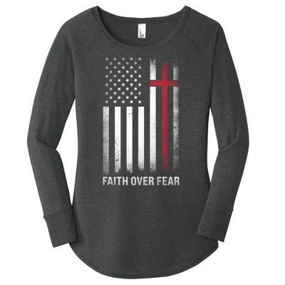 Christian Us Usa Flag American Christ Faith Over Fear Cross Women's Perfect Tri Tunic Long Sleeve Shirt