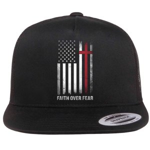 Christian Us Usa Flag American Christ Faith Over Fear Cross Flat Bill Trucker Hat