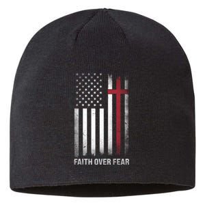 Christian Us Usa Flag American Christ Faith Over Fear Cross Sustainable Beanie