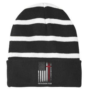 Christian Us Usa Flag American Christ Faith Over Fear Cross Striped Beanie with Solid Band