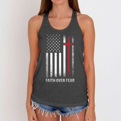 Christian Us Usa Flag American Christ Faith Over Fear Cross Women's Knotted Racerback Tank