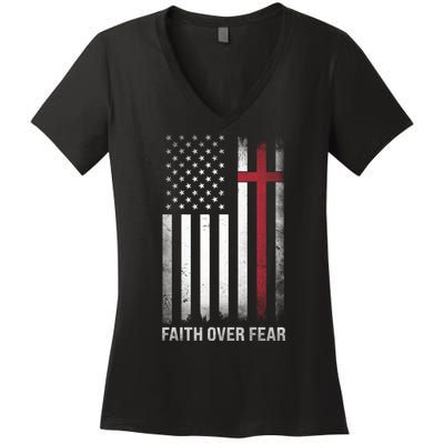 Christian Us Usa Flag American Christ Faith Over Fear Cross Women's V-Neck T-Shirt