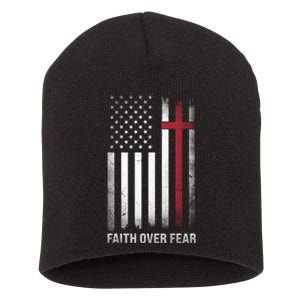 Christian Us Usa Flag American Christ Faith Over Fear Cross Short Acrylic Beanie