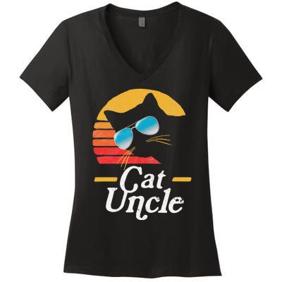 Cat Uncle Vintage 80s Style Cat Retro Sunglasses Distressed Women's V-Neck T-Shirt