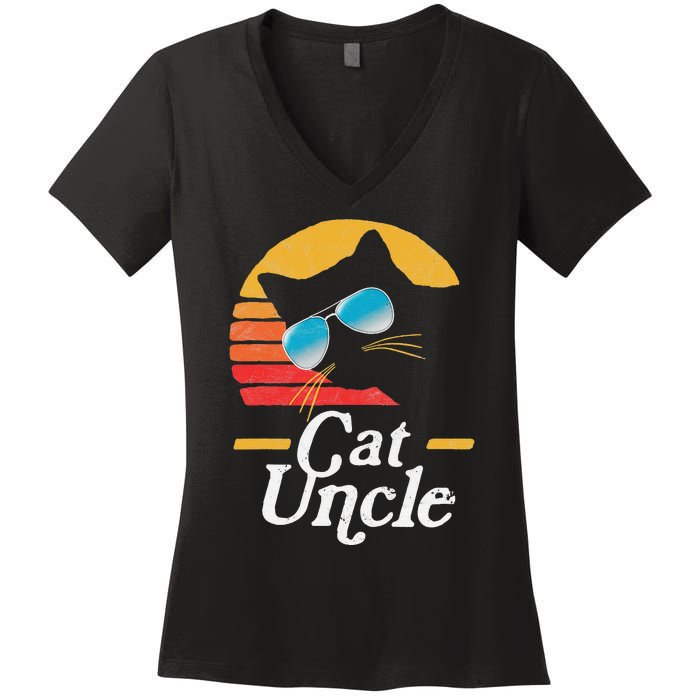 Cat Uncle Vintage 80s Style Cat Retro Sunglasses Distressed Women's V-Neck T-Shirt