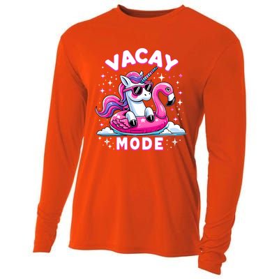 Cute Unicorn Vacay Mode Funny Family Vacation Flamingo Gift Cooling Performance Long Sleeve Crew