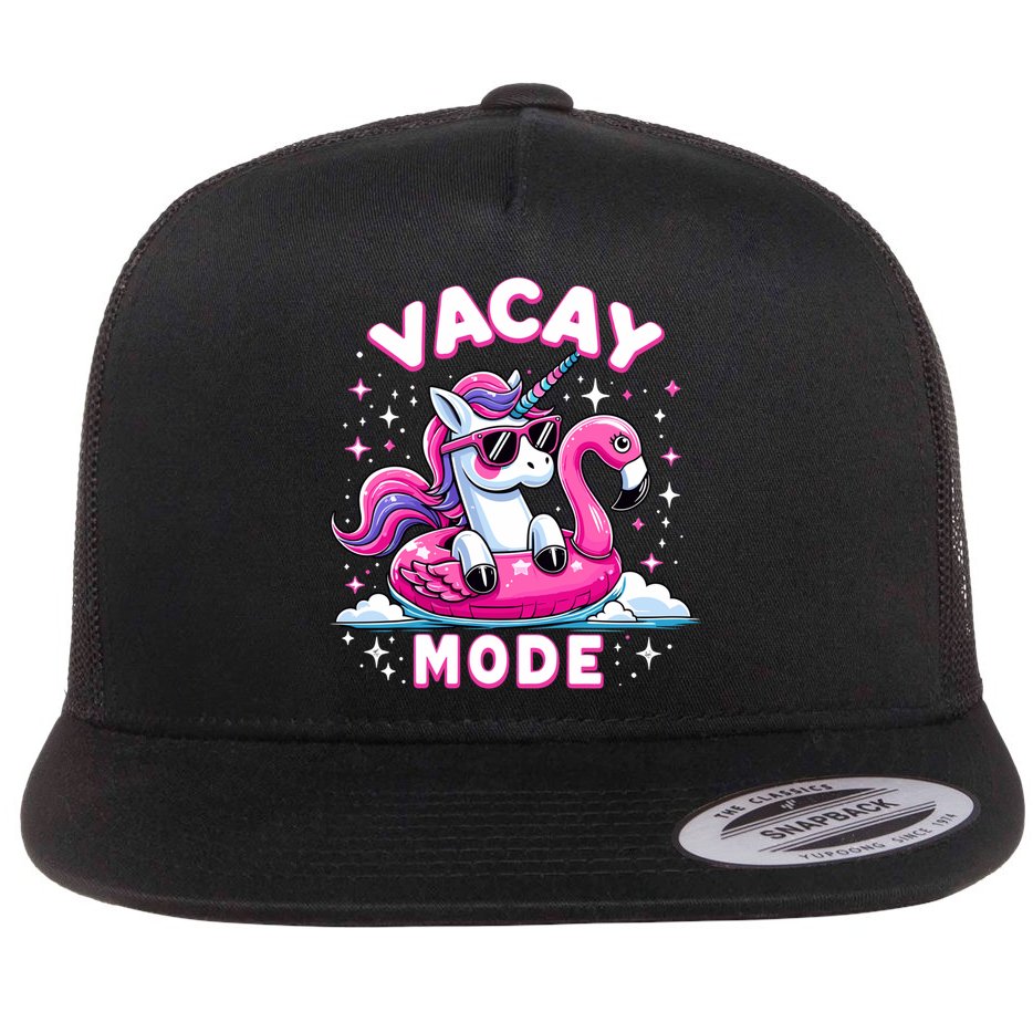 Cute Unicorn Vacay Mode Funny Family Vacation Flamingo Gift Flat Bill Trucker Hat