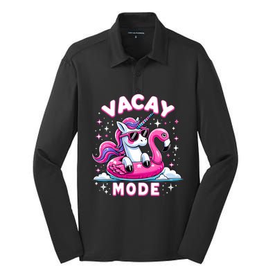 Cute Unicorn Vacay Mode Funny Family Vacation Flamingo Gift Silk Touch Performance Long Sleeve Polo