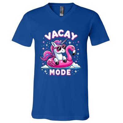 Cute Unicorn Vacay Mode Funny Family Vacation Flamingo Gift V-Neck T-Shirt