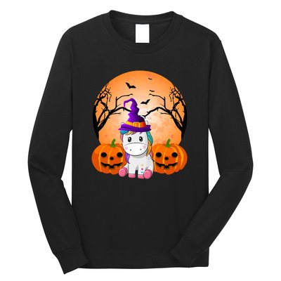 Cute Unicorn Witch Jack O Lantern Halloween Long Sleeve Shirt