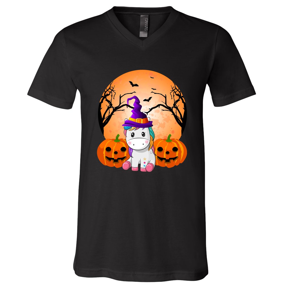 Cute Unicorn Witch Jack O Lantern Halloween V-Neck T-Shirt