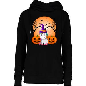 Cute Unicorn Witch Jack O Lantern Halloween Womens Funnel Neck Pullover Hood