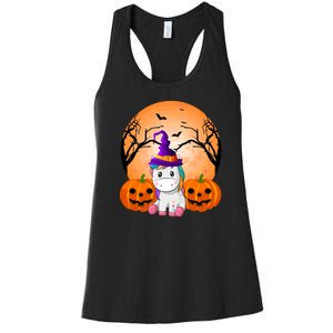 Cute Unicorn Witch Jack O Lantern Halloween Women's Racerback Tank