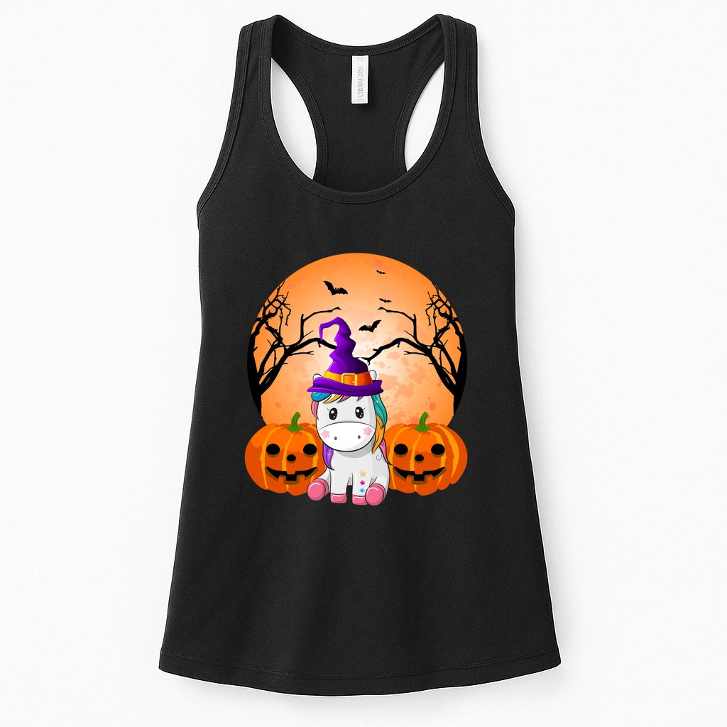 Cute Unicorn Witch Jack O Lantern Halloween Womens Tank Top