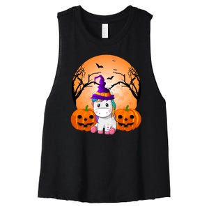 Cute Unicorn Witch Jack O Lantern Halloween Women's Racerback Cropped Tank