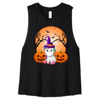 Cute Unicorn Witch Jack O Lantern Halloween Women's Racerback Cropped Tank