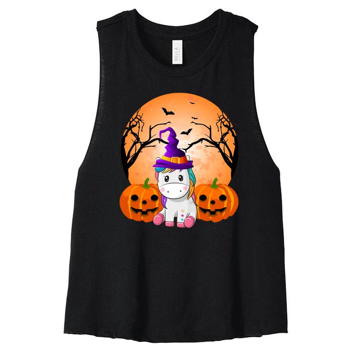 Cute Unicorn Witch Jack O Lantern Halloween Women's Racerback Cropped Tank