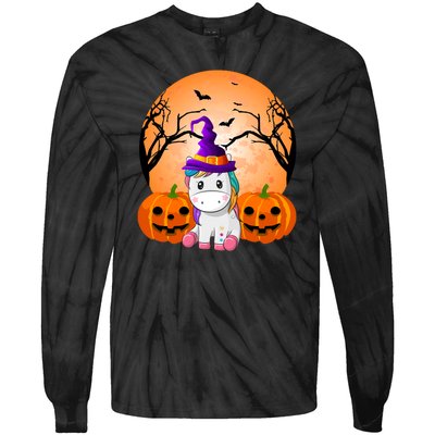 Cute Unicorn Witch Jack O Lantern Halloween Tie-Dye Long Sleeve Shirt