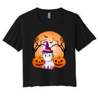 Cute Unicorn Witch Jack O Lantern Halloween Women's Crop Top Tee