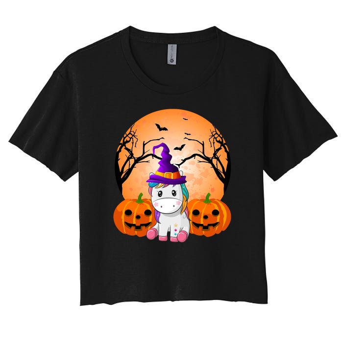 Cute Unicorn Witch Jack O Lantern Halloween Women's Crop Top Tee