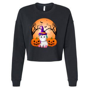 Cute Unicorn Witch Jack O Lantern Halloween Cropped Pullover Crew