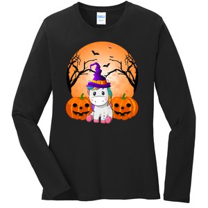 Cute Unicorn Witch Jack O Lantern Halloween Ladies Long Sleeve Shirt