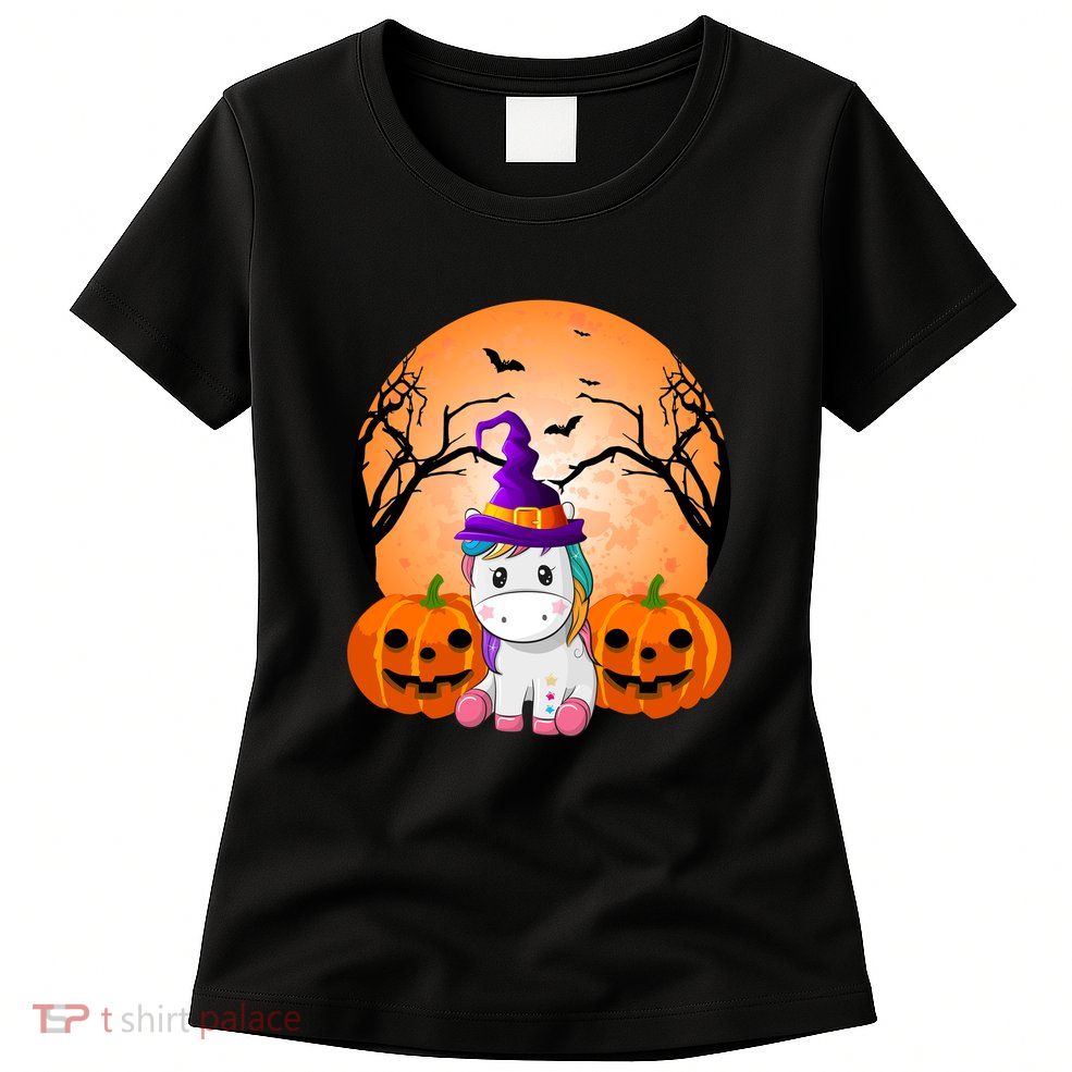 Cute Unicorn Witch Jack O Lantern Halloween Womens T-Shirt