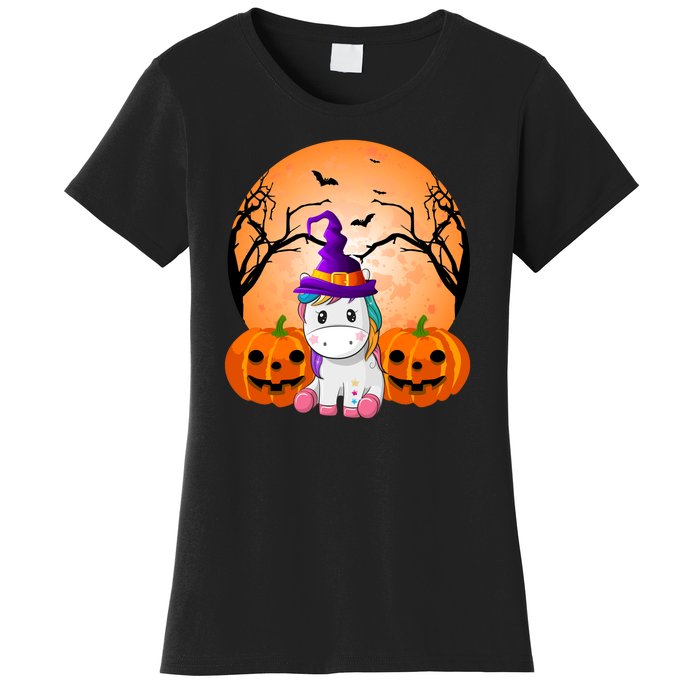 Cute Unicorn Witch Jack O Lantern Halloween Women's T-Shirt