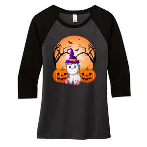 Cute Unicorn Witch Jack O Lantern Halloween Women's Tri-Blend 3/4-Sleeve Raglan Shirt