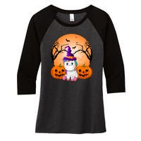 Cute Unicorn Witch Jack O Lantern Halloween Women's Tri-Blend 3/4-Sleeve Raglan Shirt