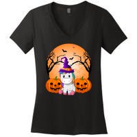 Cute Unicorn Witch Jack O Lantern Halloween Women's V-Neck T-Shirt