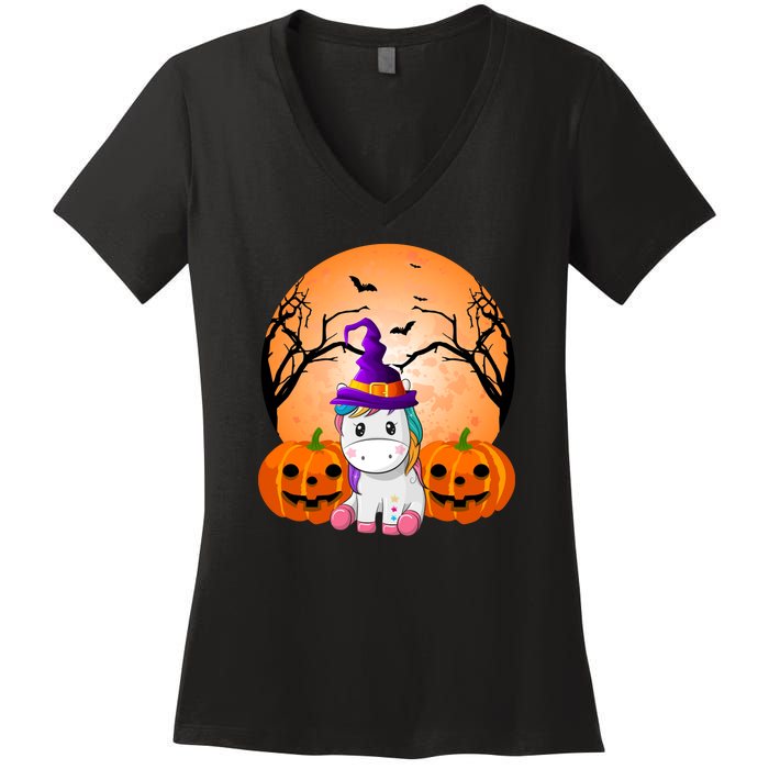 Cute Unicorn Witch Jack O Lantern Halloween Women's V-Neck T-Shirt