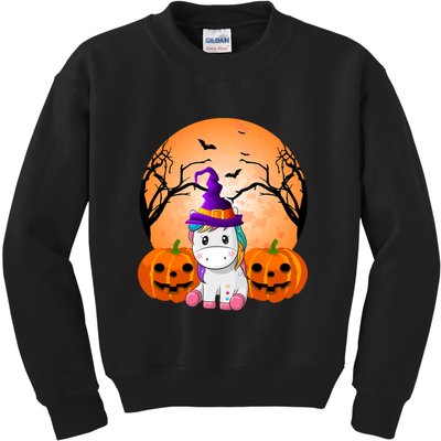 Cute Unicorn Witch Jack O Lantern Halloween Kids Sweatshirt