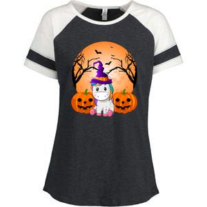 Cute Unicorn Witch Jack O Lantern Halloween Enza Ladies Jersey Colorblock Tee