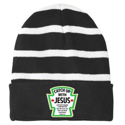 Catch Up With Jesus Funny Christian Faith Striped Beanie with Solid Band