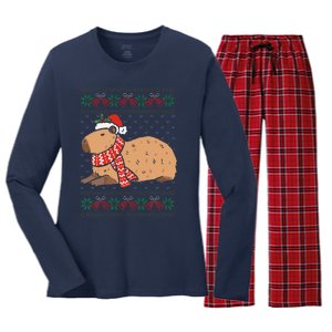 Capybara Ugly Xmas Lighting Santa Capybara Christmas Women's Long Sleeve Flannel Pajama Set 